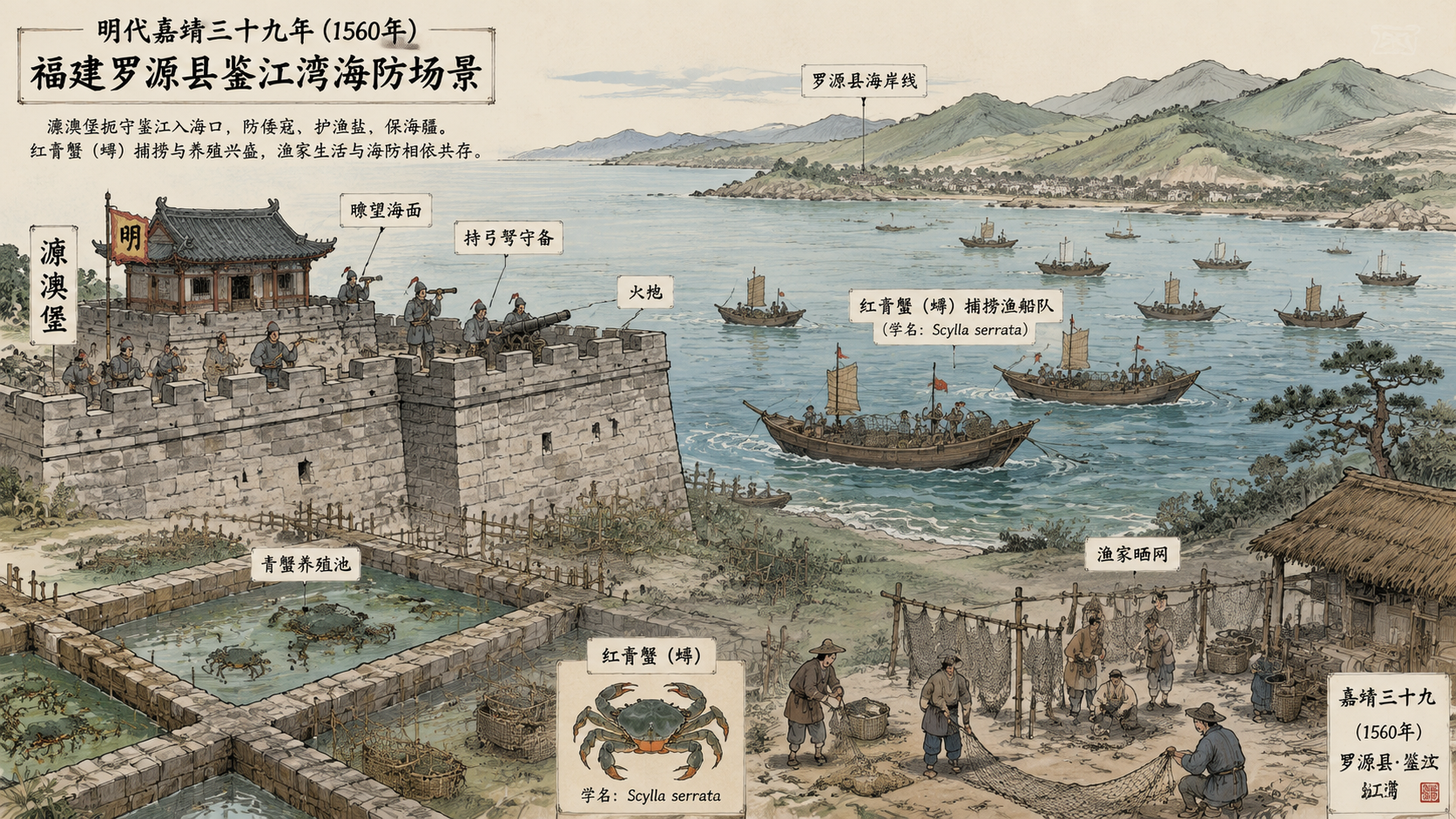 明代嘉靖三十九年（1560 年）罗源县鉴江湾海防场景与红膏𣲘捕捞