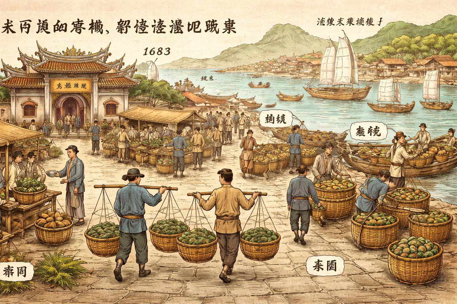 清代罗源红膏𣲘渔港集市场景