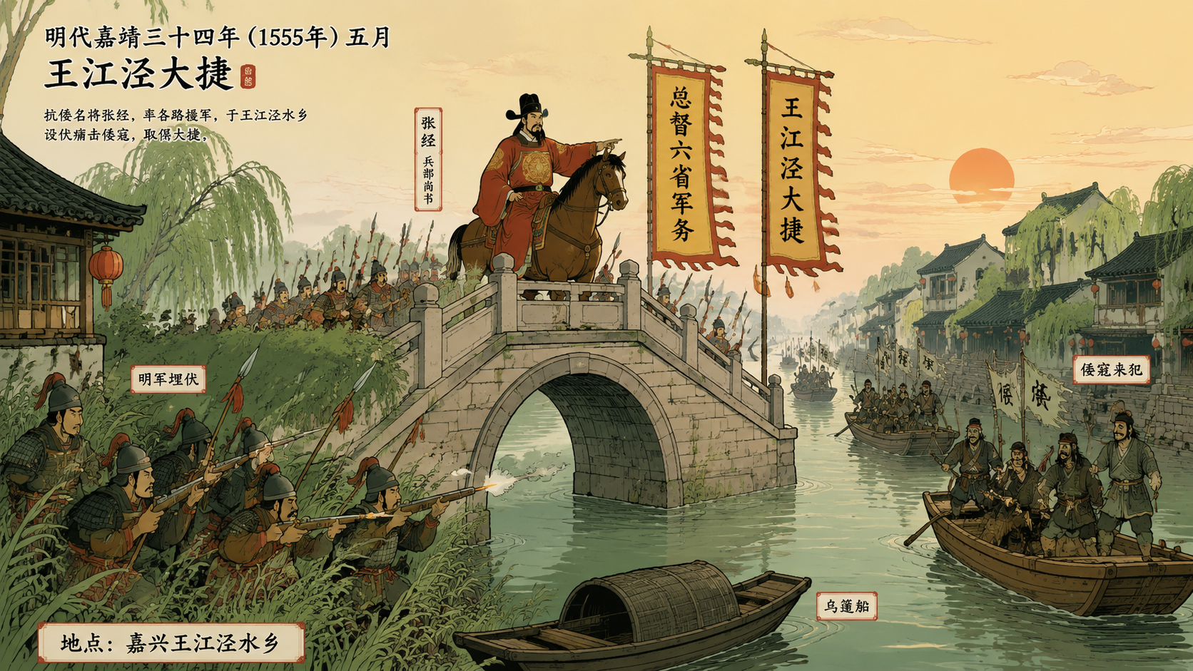 嘉靖三十四年五月张经骑马于王江泾水乡指挥埋伏