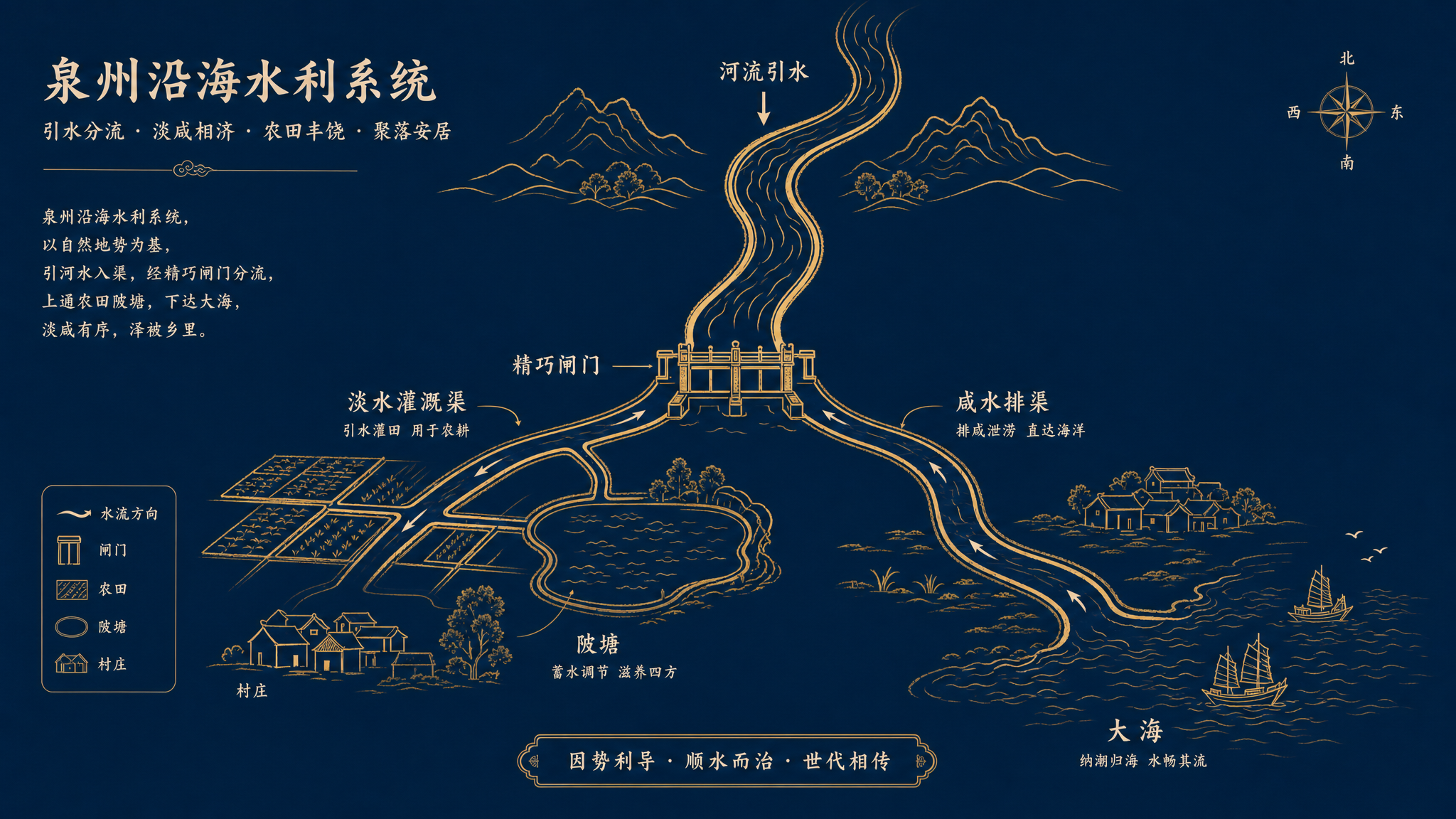 泉州古代沿海水利灌溉系统与水路交通网络图