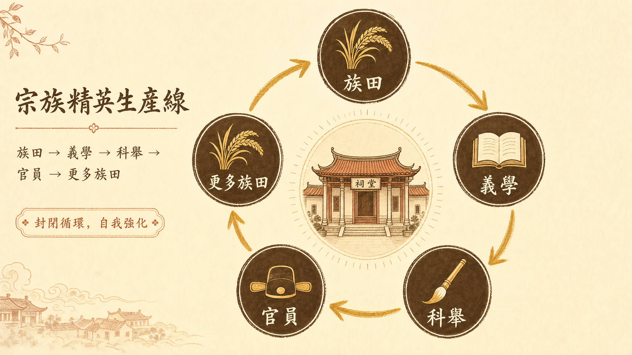 泉州宗族从族田到科举到官员的精英生产闭环流程图