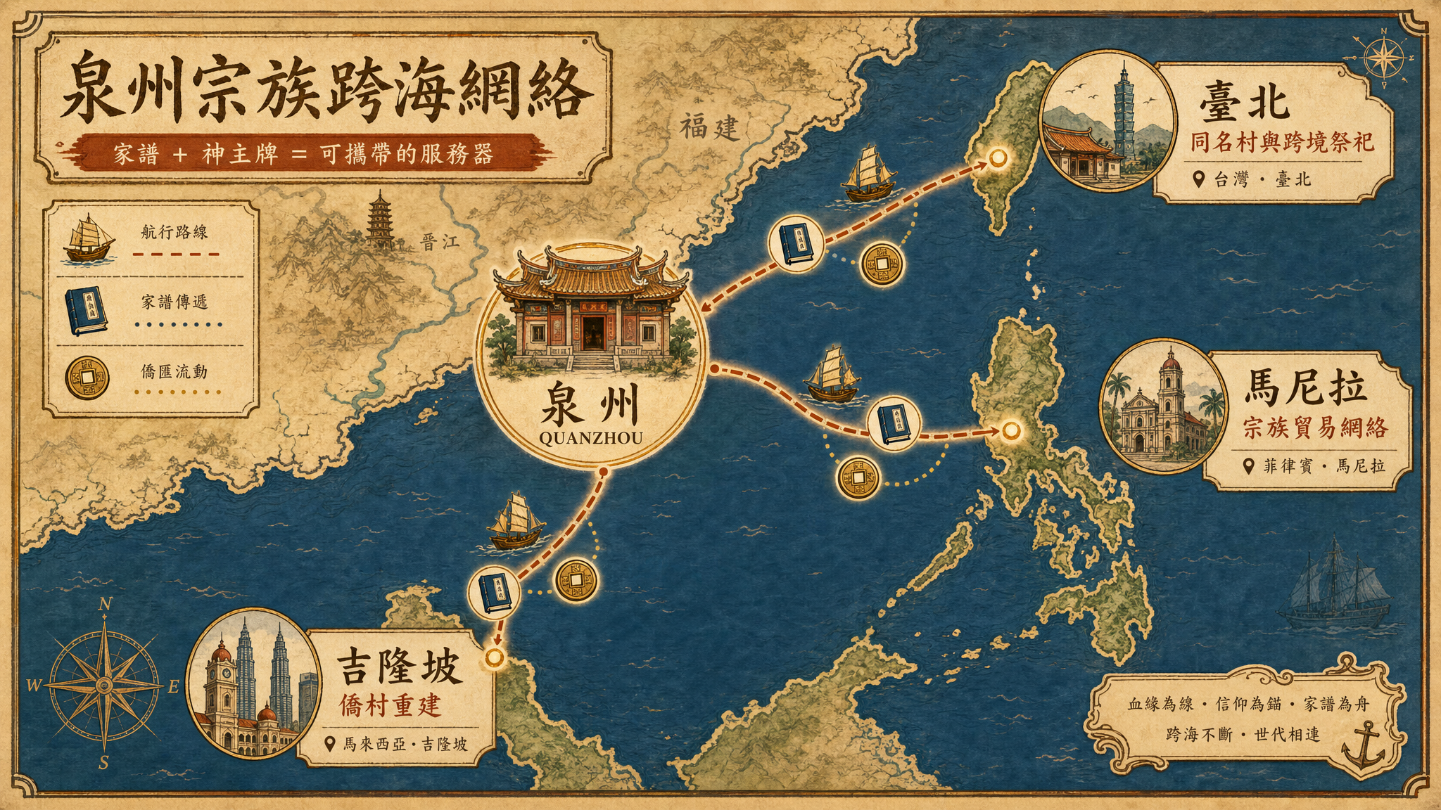 泉州宗族跨海移民至台湾和东南亚的网络分布图
