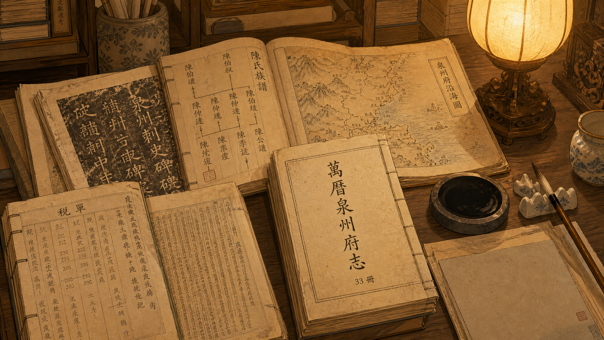 翻阅明代泉州府志古籍的研究桌面场景