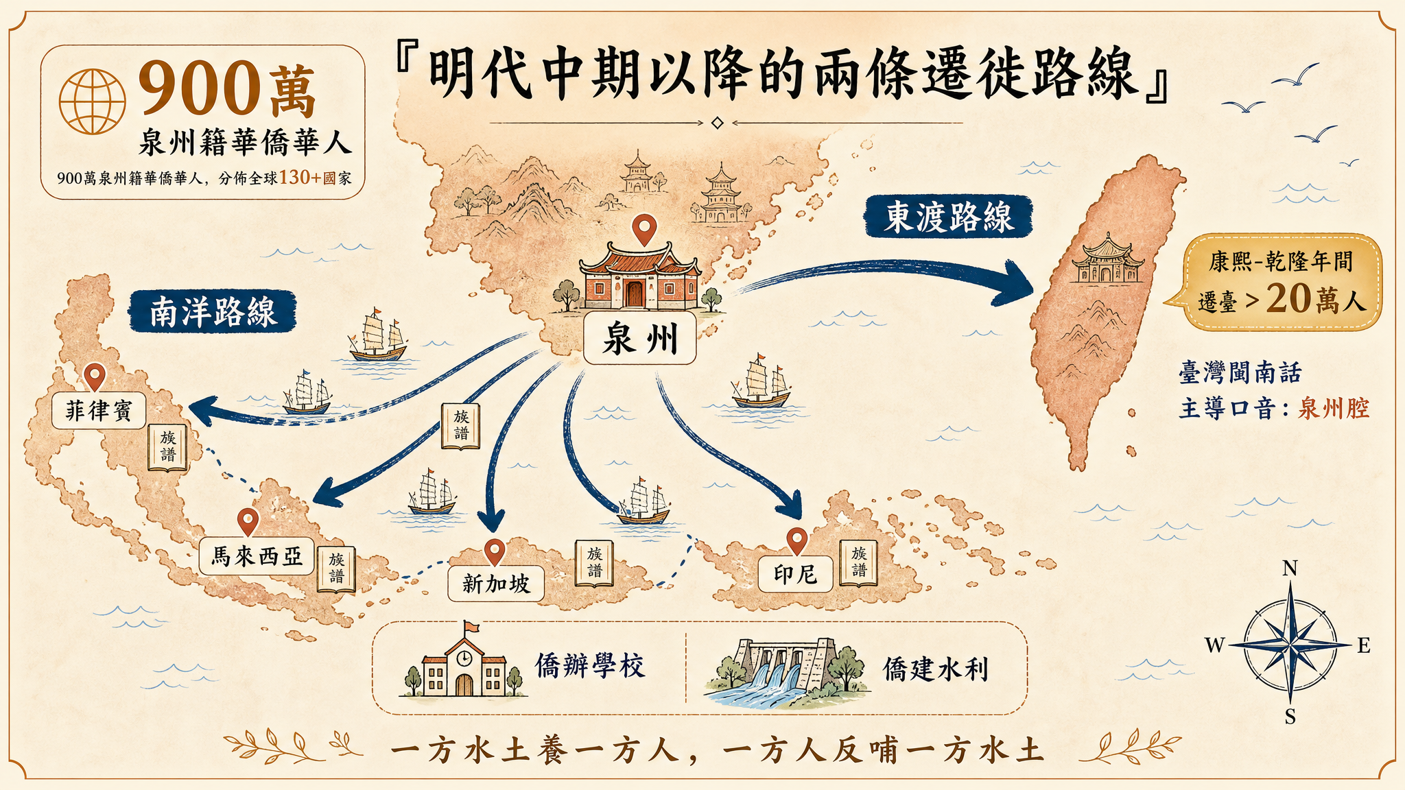明清泉州华侨向东南亚和台湾的百万级人口迁移路线
