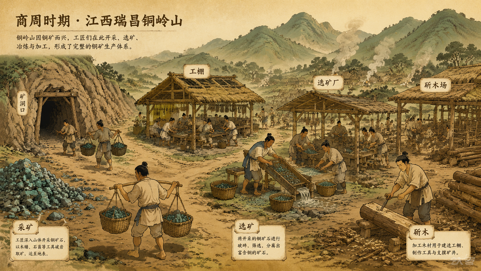 铜岭山地表工棚与选矿场景