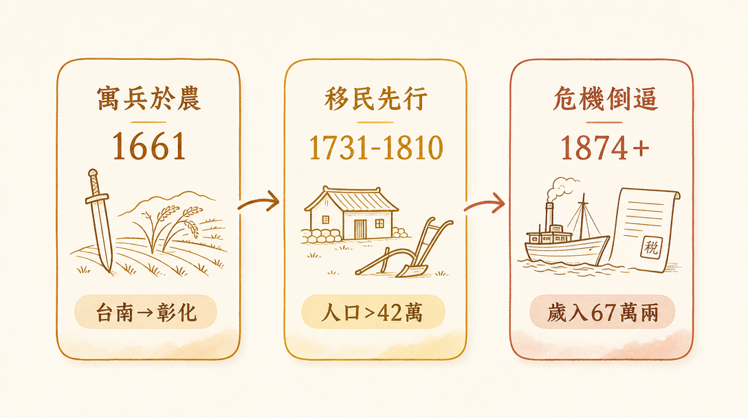 台湾行政治理从郑成功寓兵于农到刘铭传清赋升科的迭代演进流程图