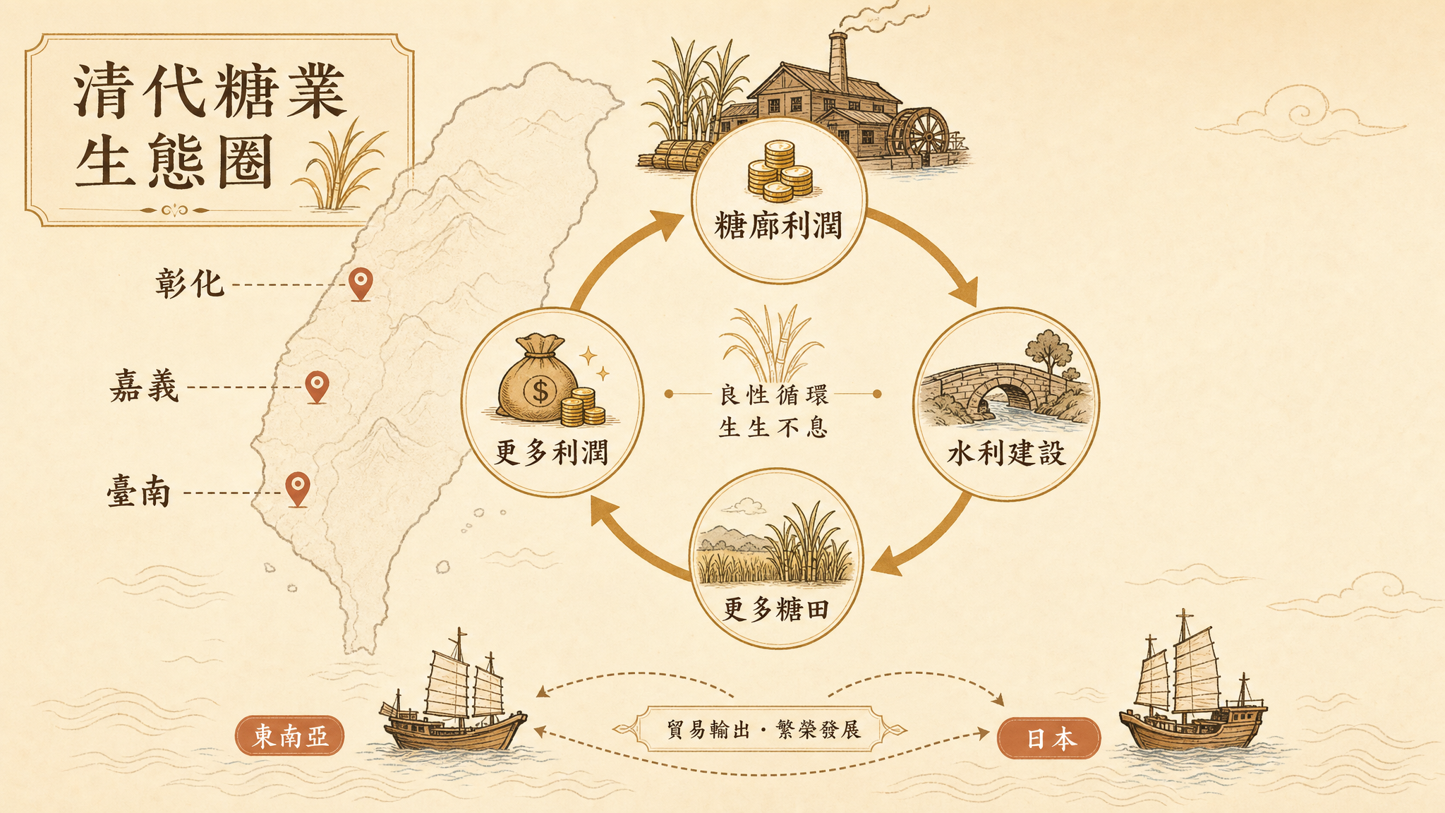 台湾糖业利润驱动水利建设的产业闭环示意图
